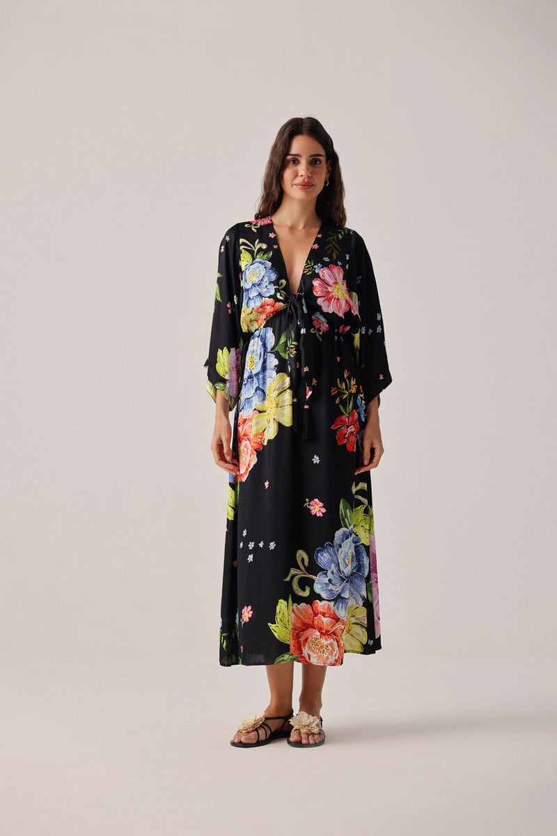Viola Coverup-Bloom modal satin resort wear by NOIB in black for women in Singapore
