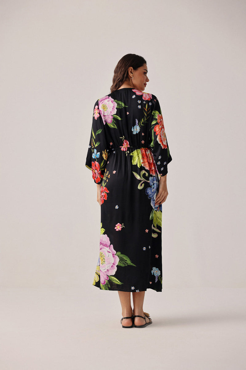Viola Coverup-Bloom modal satin resort wear by NOIB in black for women in Singapore