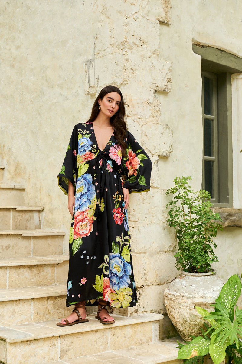 Viola Coverup-Bloom modal satin resort wear by NOIB in black for women in Singapore