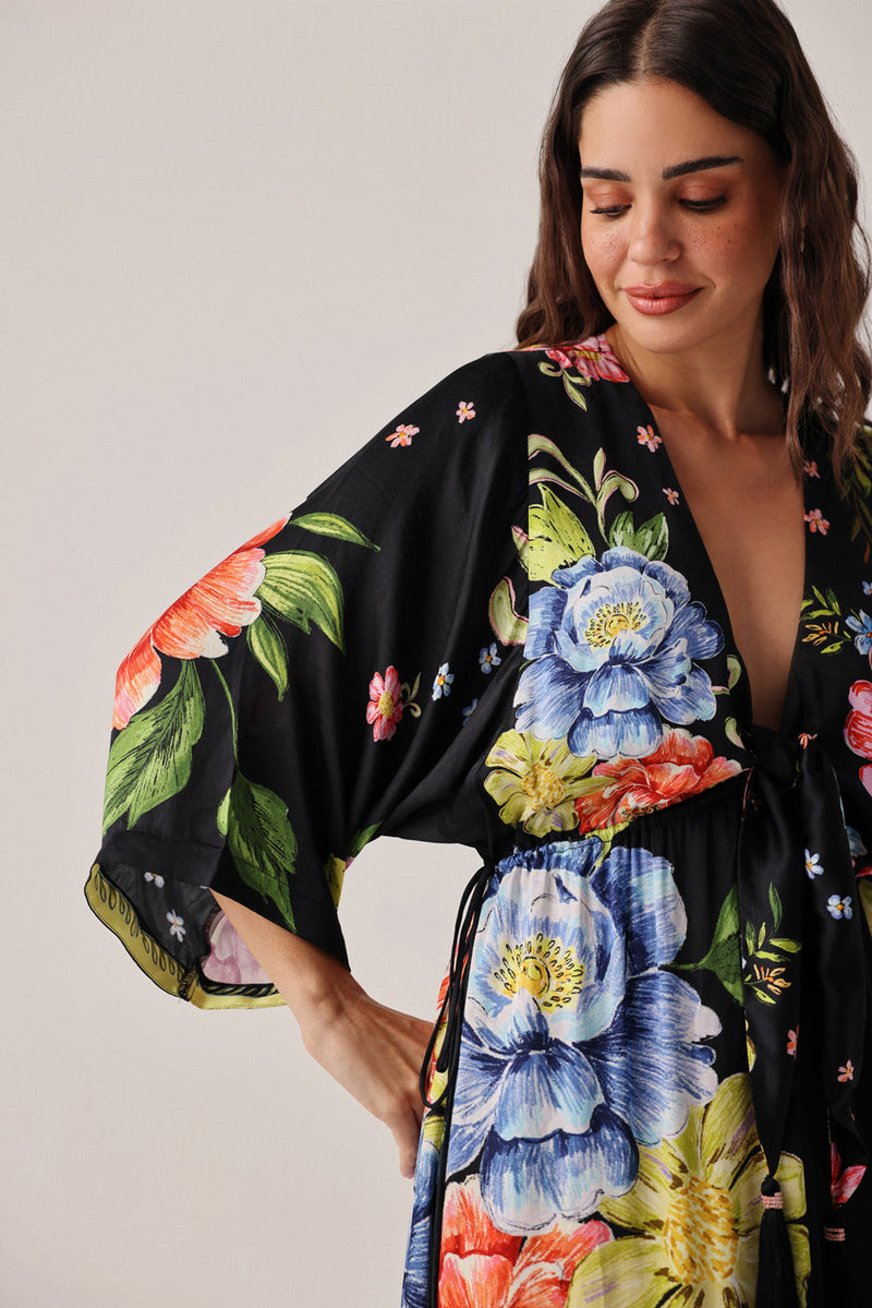Viola Coverup-Bloom modal satin resort wear by NOIB in black for women in Singapore