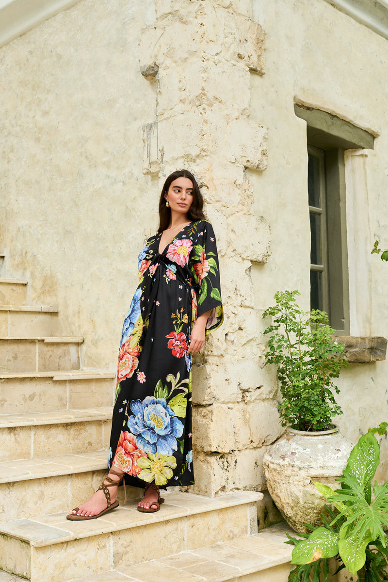 Viola Coverup-Bloom modal satin resort wear by NOIB in black for women in Singapore