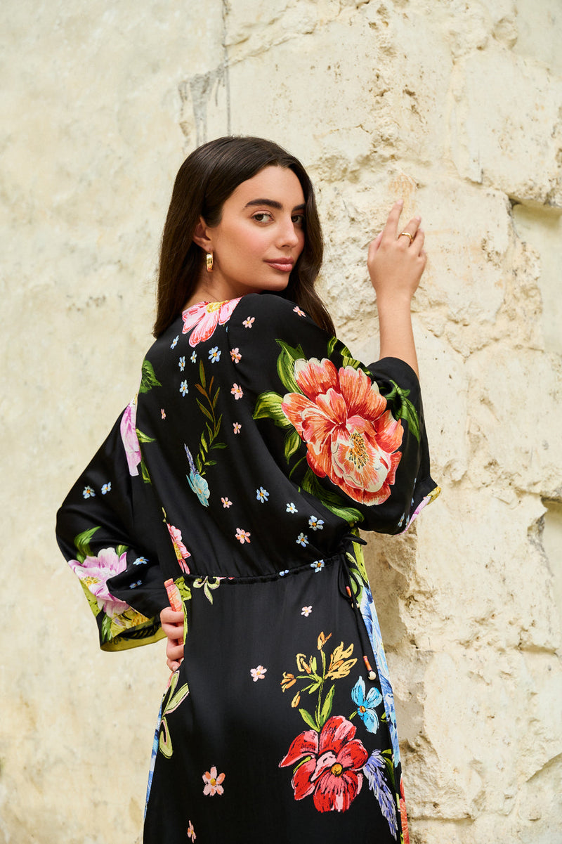Viola Coverup-Bloom modal satin resort wear by NOIB in black for women in Singapore
