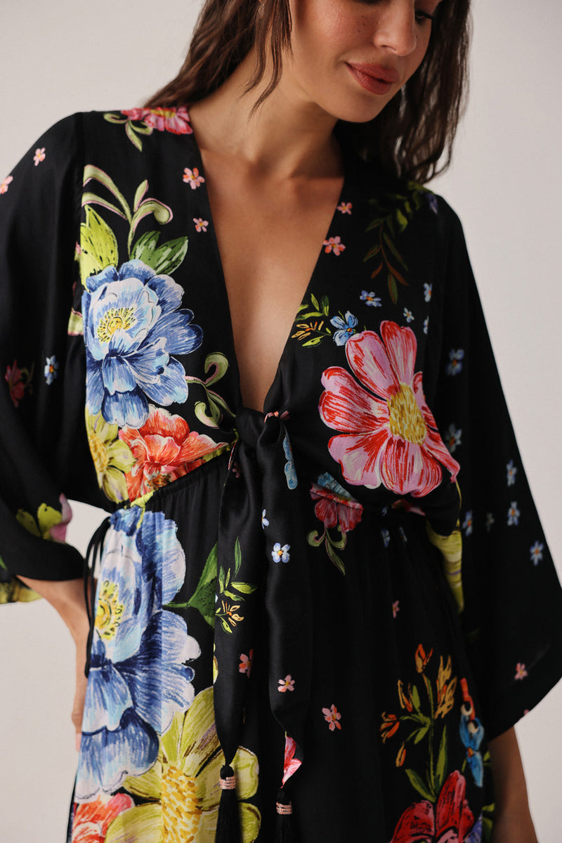 Viola Coverup-Bloom modal satin resort wear by NOIB in black for women in Singapore