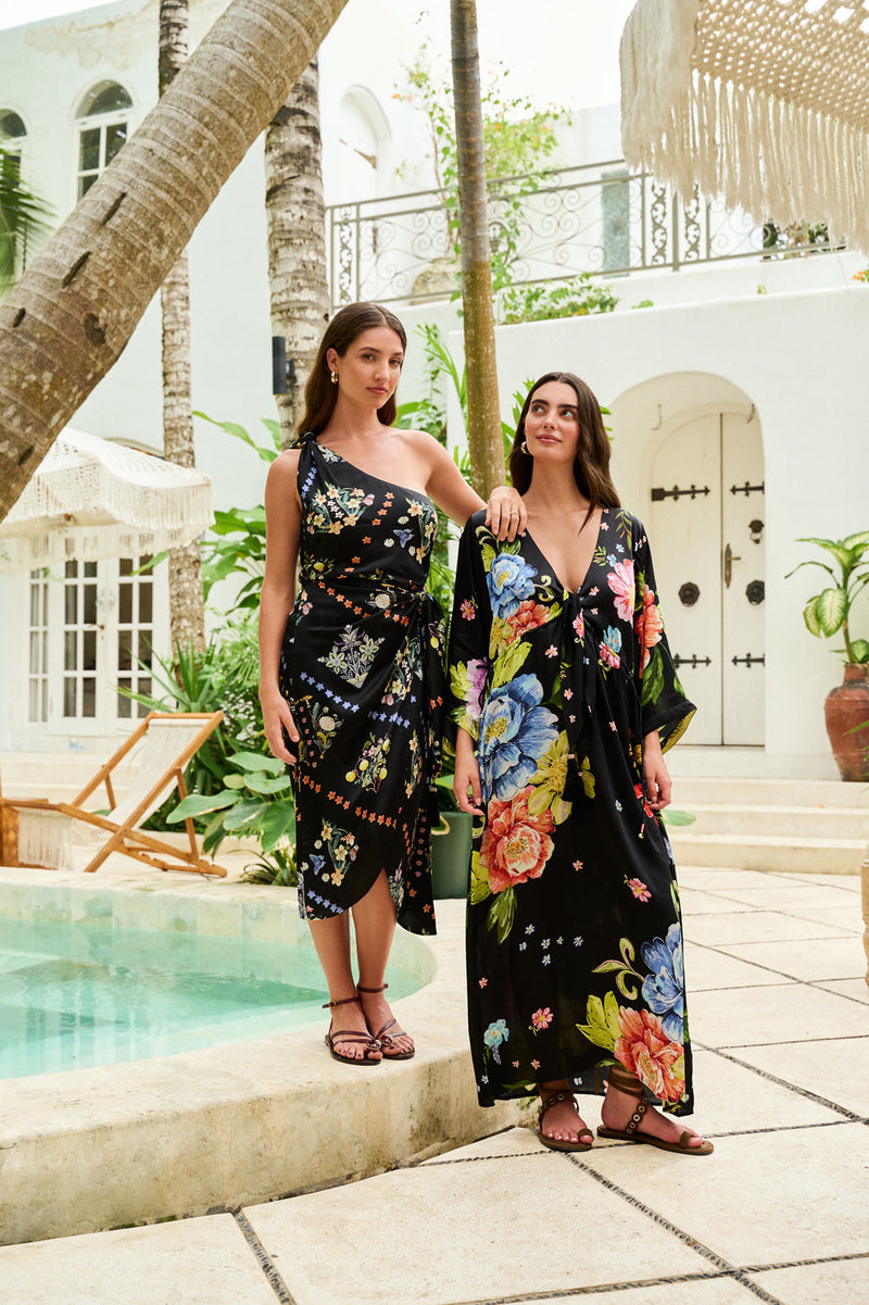 Viola Coverup-Bloom modal satin resort wear by NOIB in black for women in Singapore