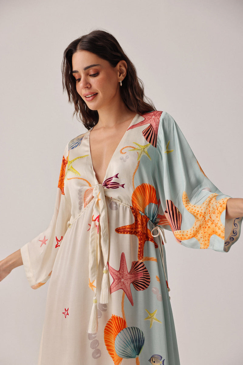 Viola Coverup-Seaborn modal satin resort wear by NOIB in beige for women in Singapore