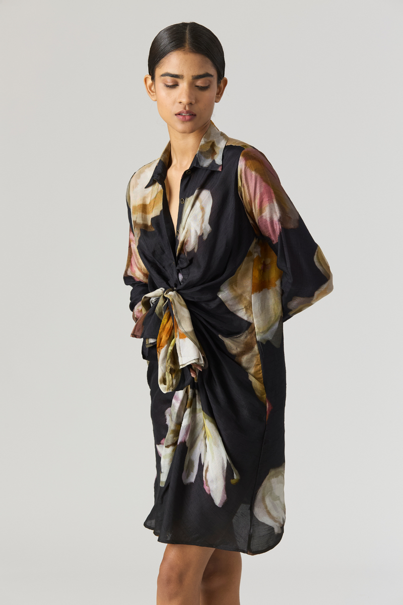 VIVA FIORI DRESS silk by Yam in black color for women in Singapore
