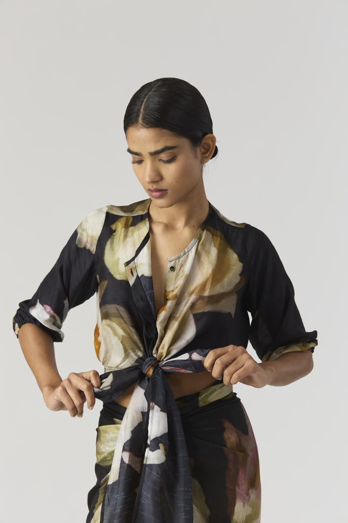 VIVA FIORI FRONT TIE UP TOP & SKIRT SET silk by Yam in black color for women in Singapore