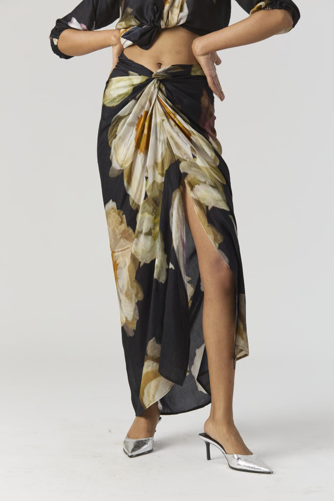 VIVA FIORI FRONT TIE UP TOP & SKIRT SET silk by Yam in black color for women in Singapore