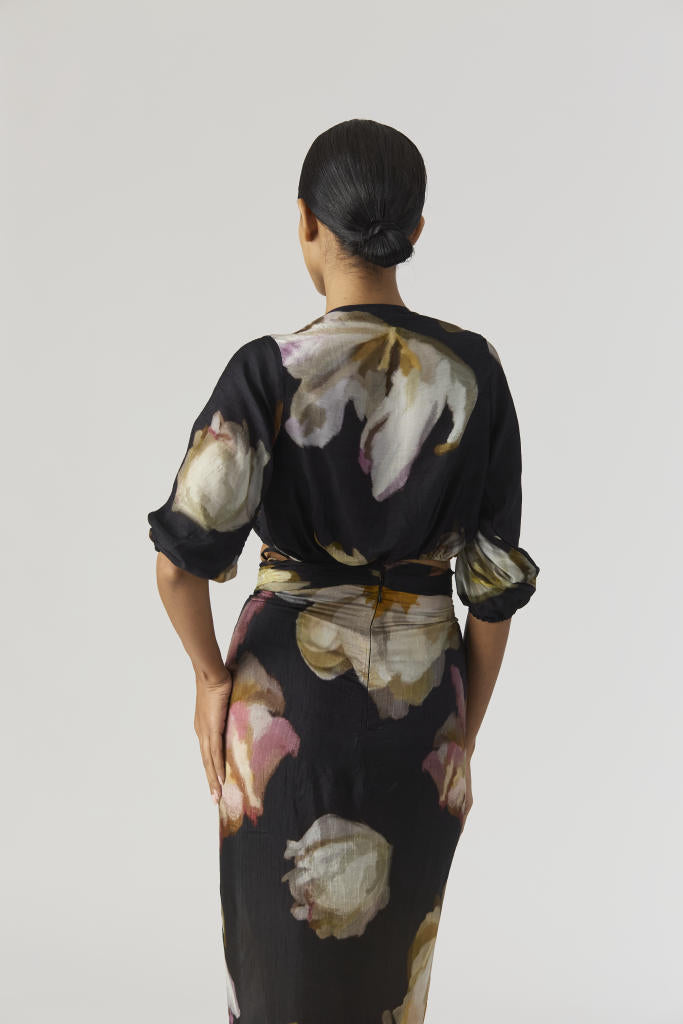 VIVA FIORI FRONT TIE UP TOP & SKIRT SET silk by Yam in black color for women in Singapore