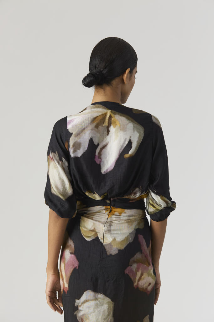 VIVA FIORI FRONT TIE UP TOP & SKIRT SET silk by Yam in black color for women in Singapore