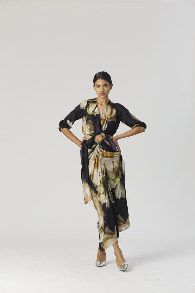 VIVA FIORI FRONT TIE UP TOP & SKIRT SET silk by Yam in black color for women in Singapore
