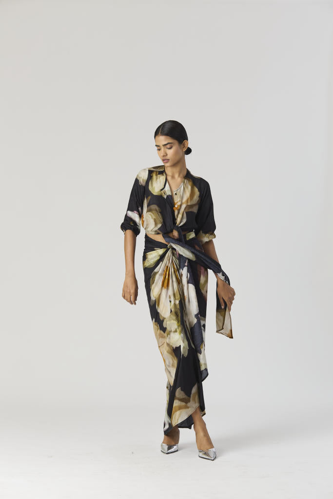 VIVA FIORI FRONT TIE UP TOP & SKIRT SET silk by Yam in black color for women in Singapore