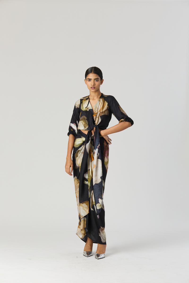 VIVA FIORI FRONT TIE UP TOP & SKIRT SET silk by Yam in black color for women in Singapore