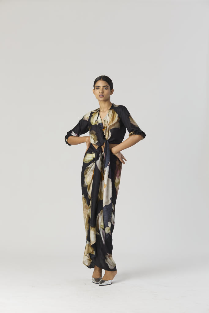 VIVA FIORI FRONT TIE UP TOP & SKIRT SET silk by Yam in black color for women in Singapore