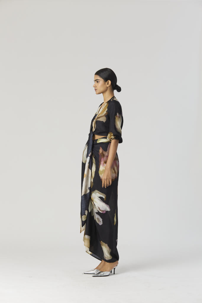 VIVA FIORI FRONT TIE UP TOP & SKIRT SET silk by Yam in black color for women in Singapore