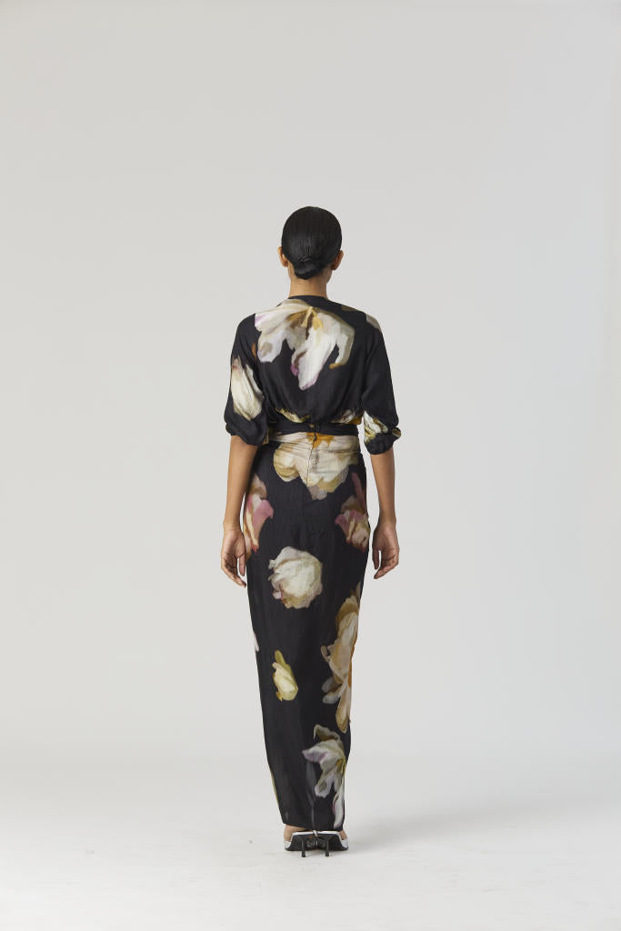 VIVA FIORI FRONT TIE UP TOP & SKIRT SET silk by Yam in black color for women in Singapore