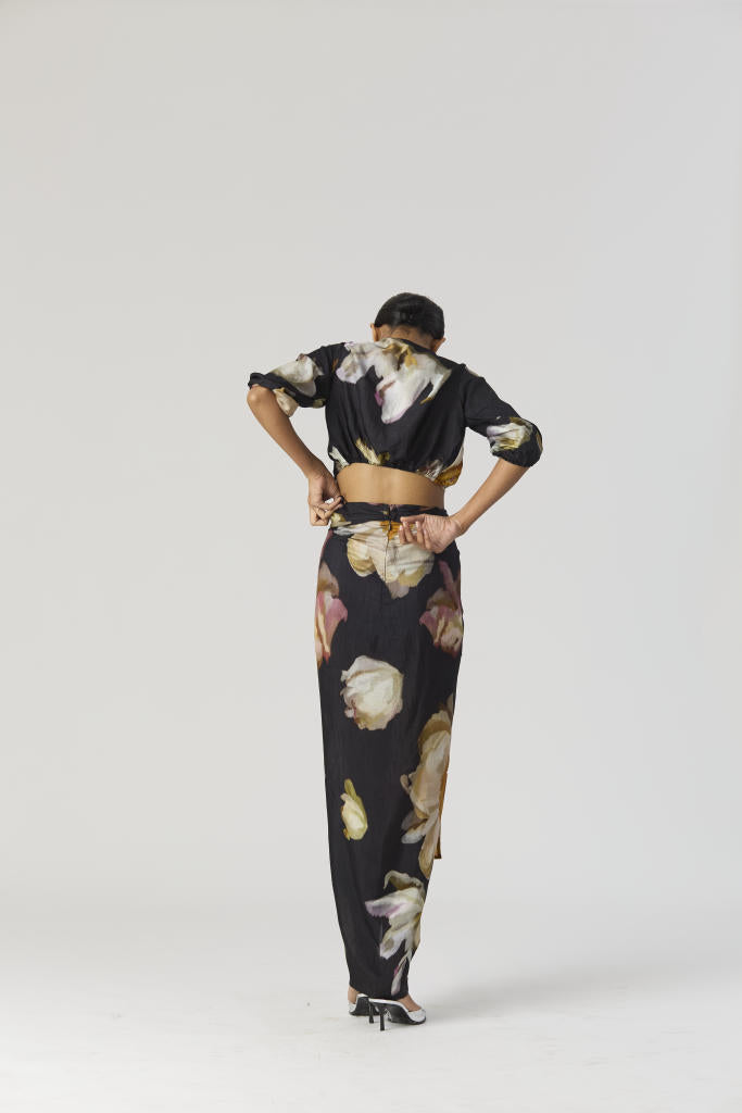 VIVA FIORI FRONT TIE UP TOP & SKIRT SET silk by Yam in black color for women in Singapore