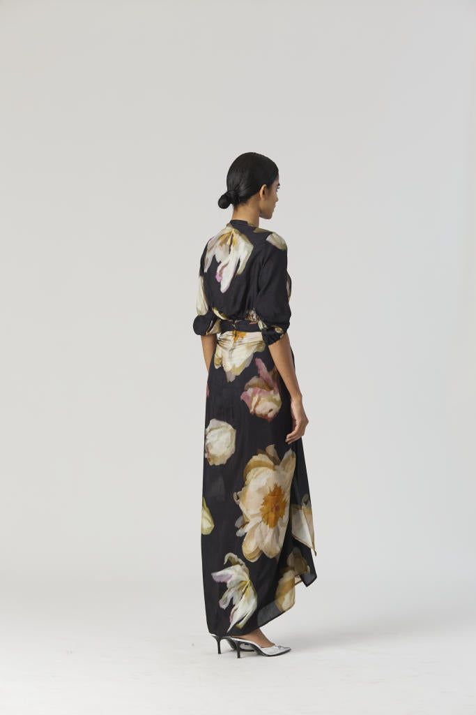 VIVA FIORI FRONT TIE UP TOP & SKIRT SET silk by Yam in black color for women in Singapore