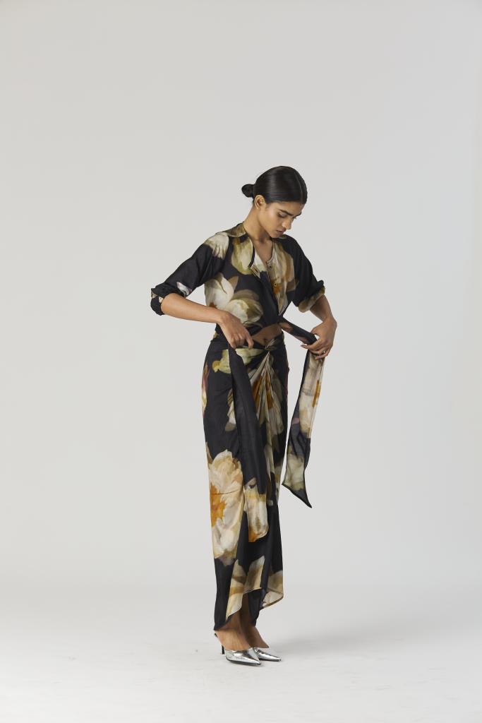 VIVA FIORI FRONT TIE UP TOP & SKIRT SET silk by Yam in black color for women in Singapore