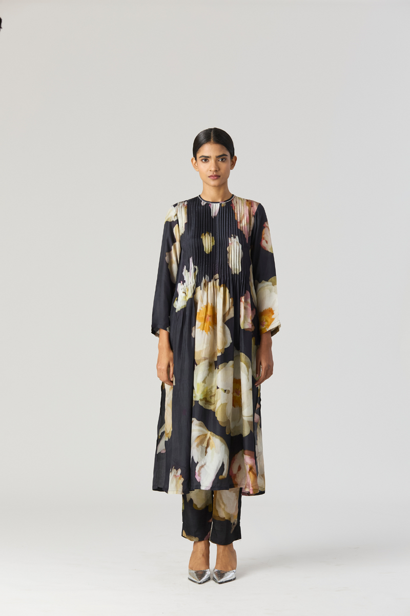 VIVA FIORI PINTUCKS KURTA SET silk by Yam in black color for women in Singapore
