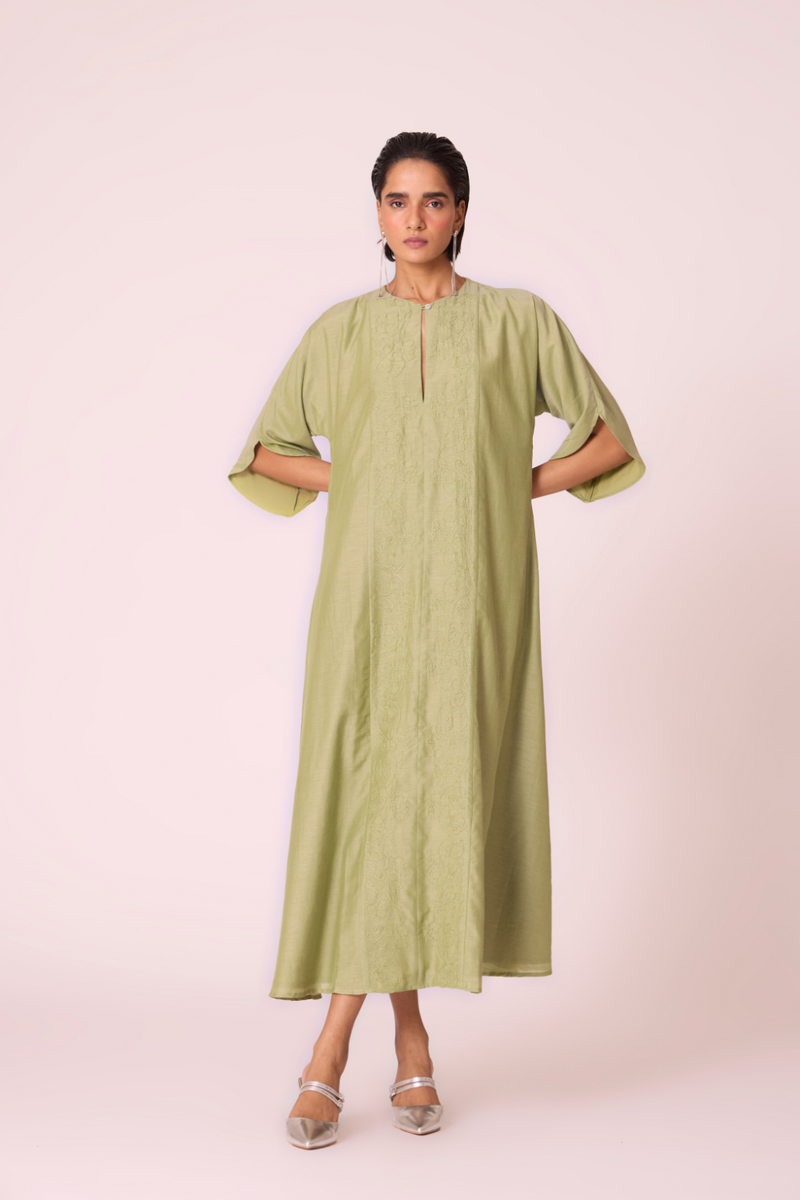 Volya Green Embroidered Dress silk by The Summer House in green color for women in Singapore