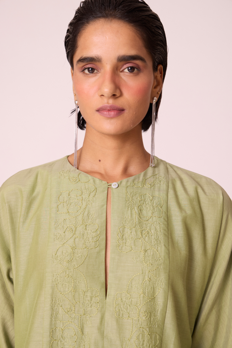 Volya Green Embroidered Dress silk by The Summer House in green color for women in Singapore
