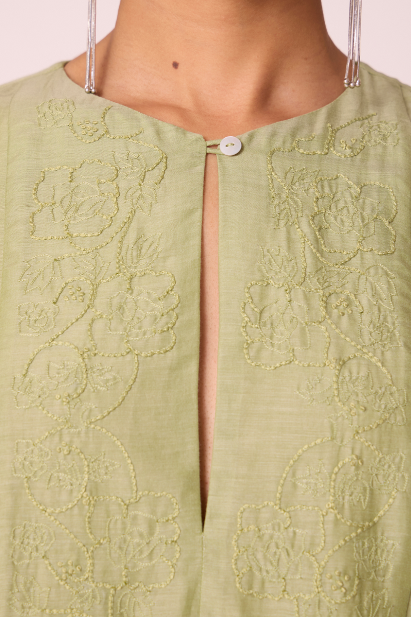 Volya Green Embroidered Dress silk by The Summer House in green color for women in Singapore
