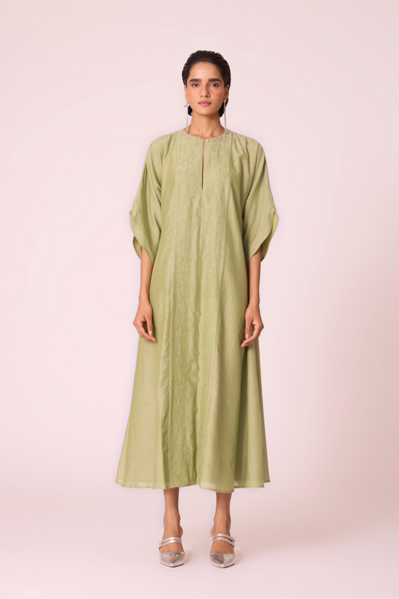 Volya Green Embroidered Dress silk by The Summer House in green color for women in Singapore