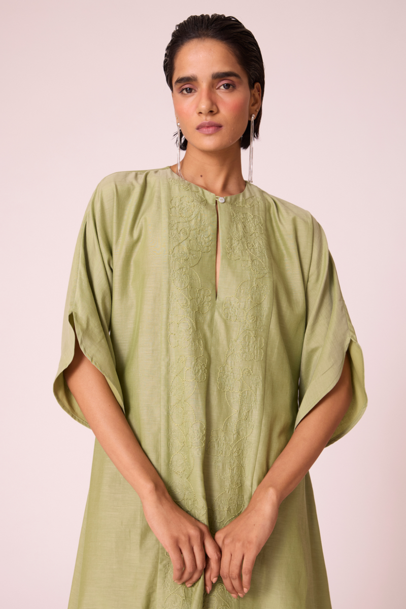 Volya Green Embroidered Dress silk by The Summer House in green color for women in Singapore