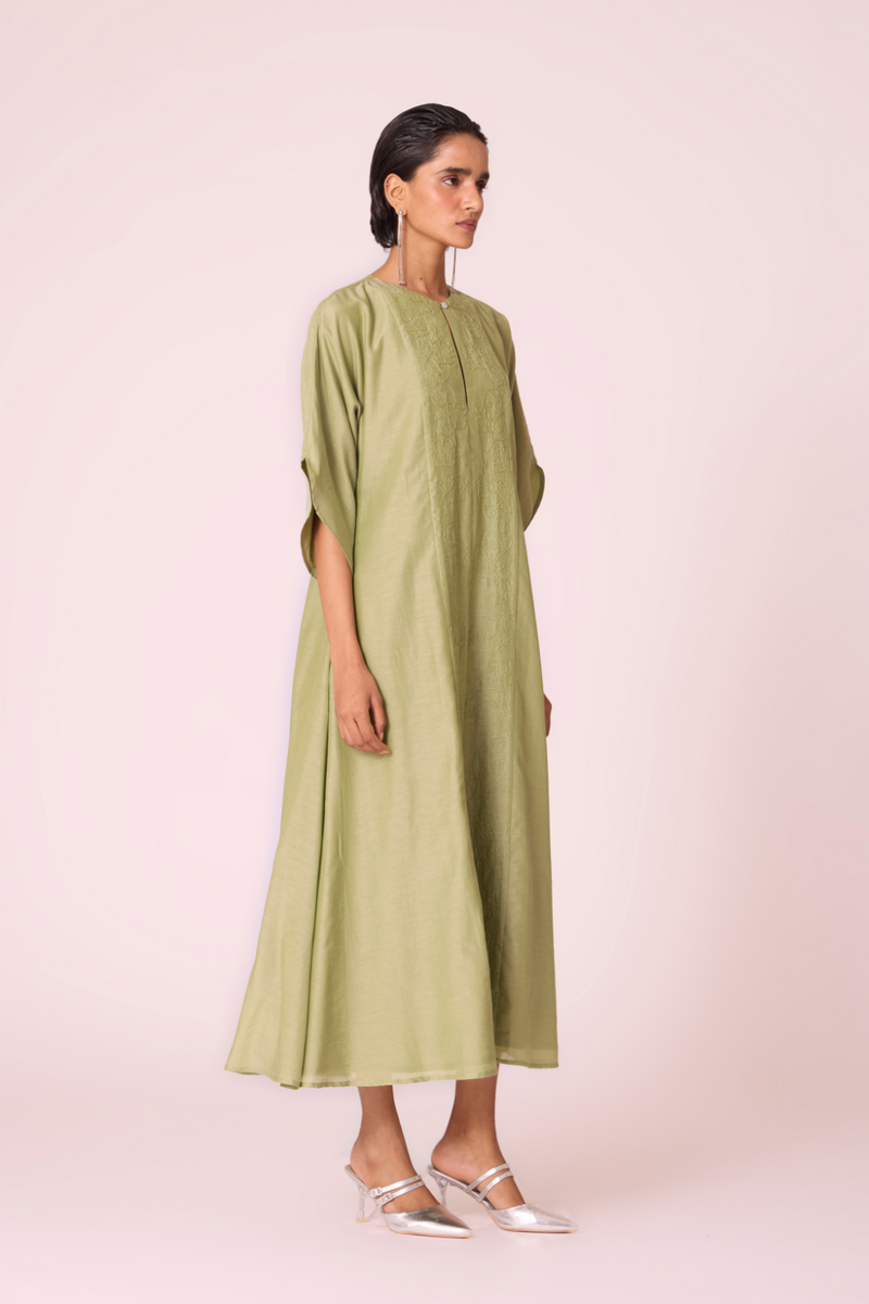 Volya Green Embroidered Dress silk by The Summer House in green color for women in Singapore