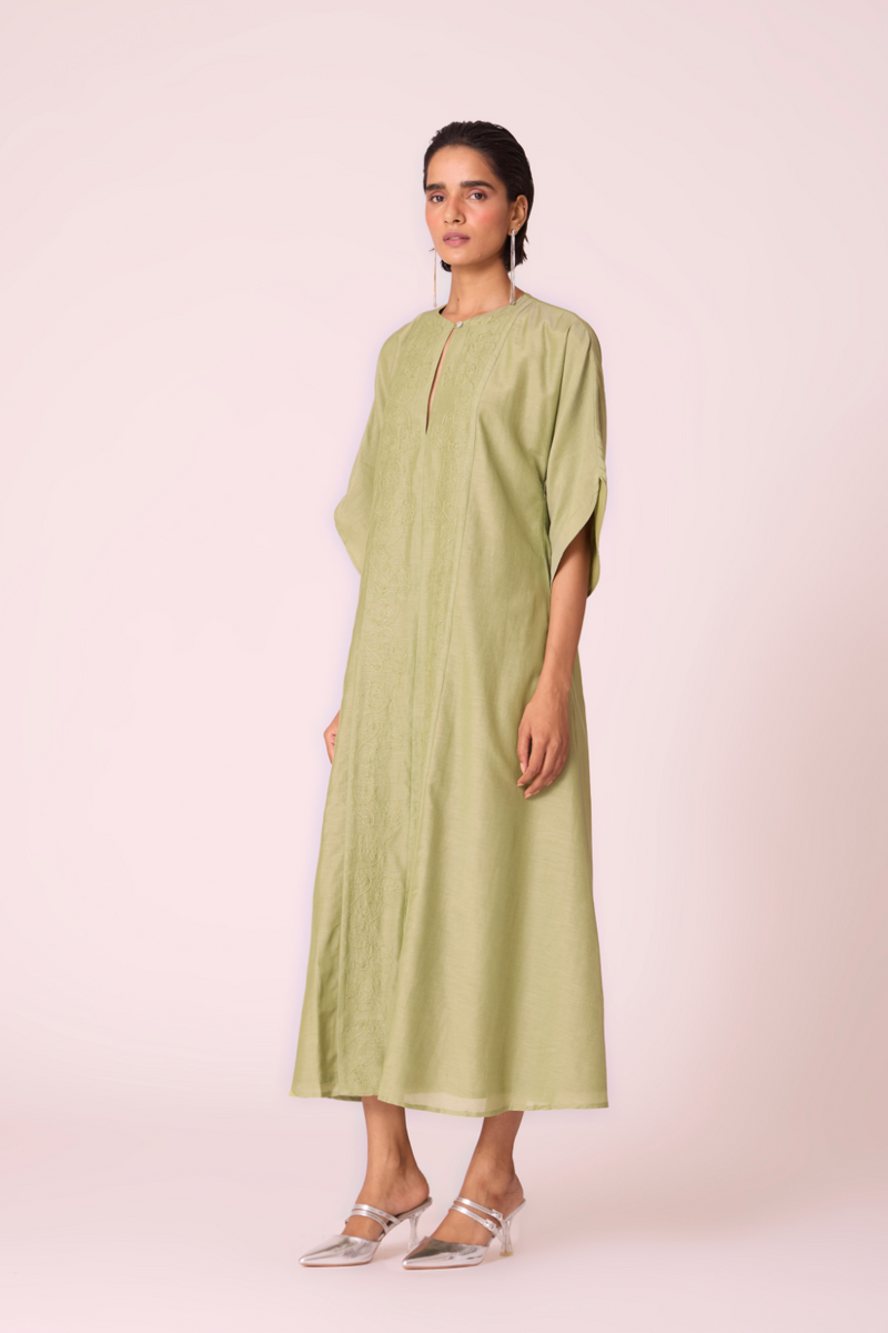 Volya Green Embroidered Dress silk by The Summer House in green color for women in Singapore