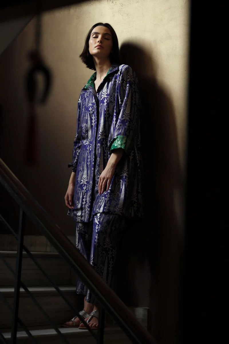 Vriksha' collared tunic and slim pants munga silk munga silk kurta/kurta set by Malika Mathur in purple for women in Singapore