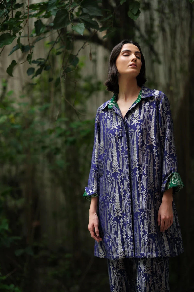 Vriksha' collared tunic and slim pants munga silk munga silk kurta/kurta set by Malika Mathur in purple for women in Singapore