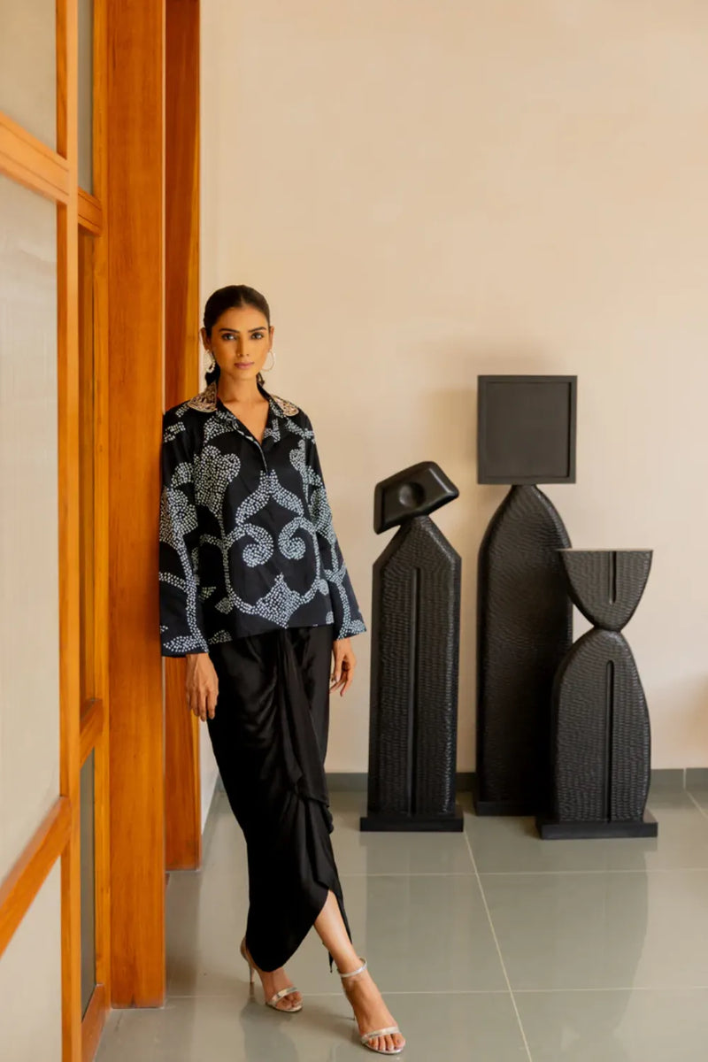 WATERFALL SKIRT-BLACK silk by Dyelogue in black color for women in Singapore