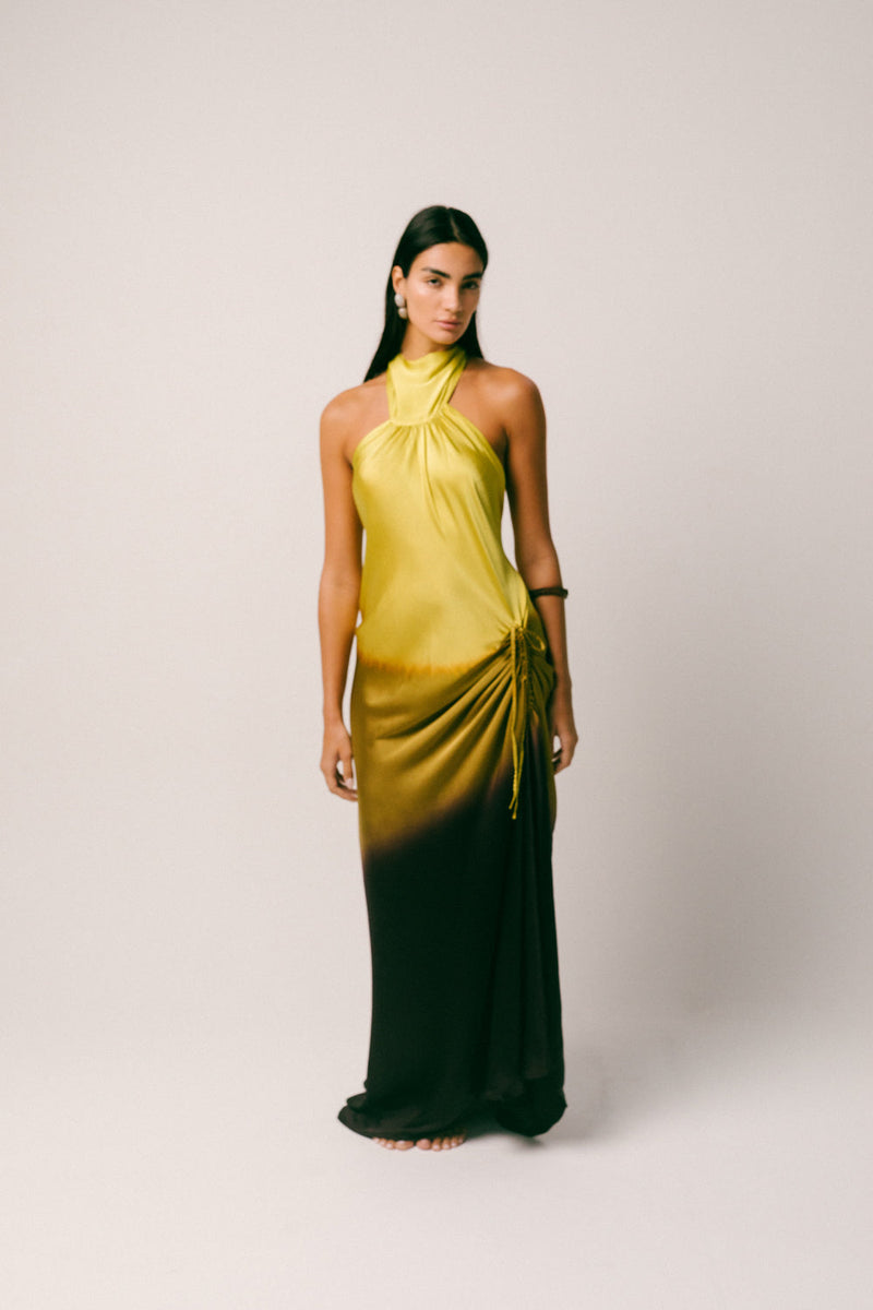 Purnama Silk Dress georgette silk dress by Ituvana in yellow ombre for women in Singapore