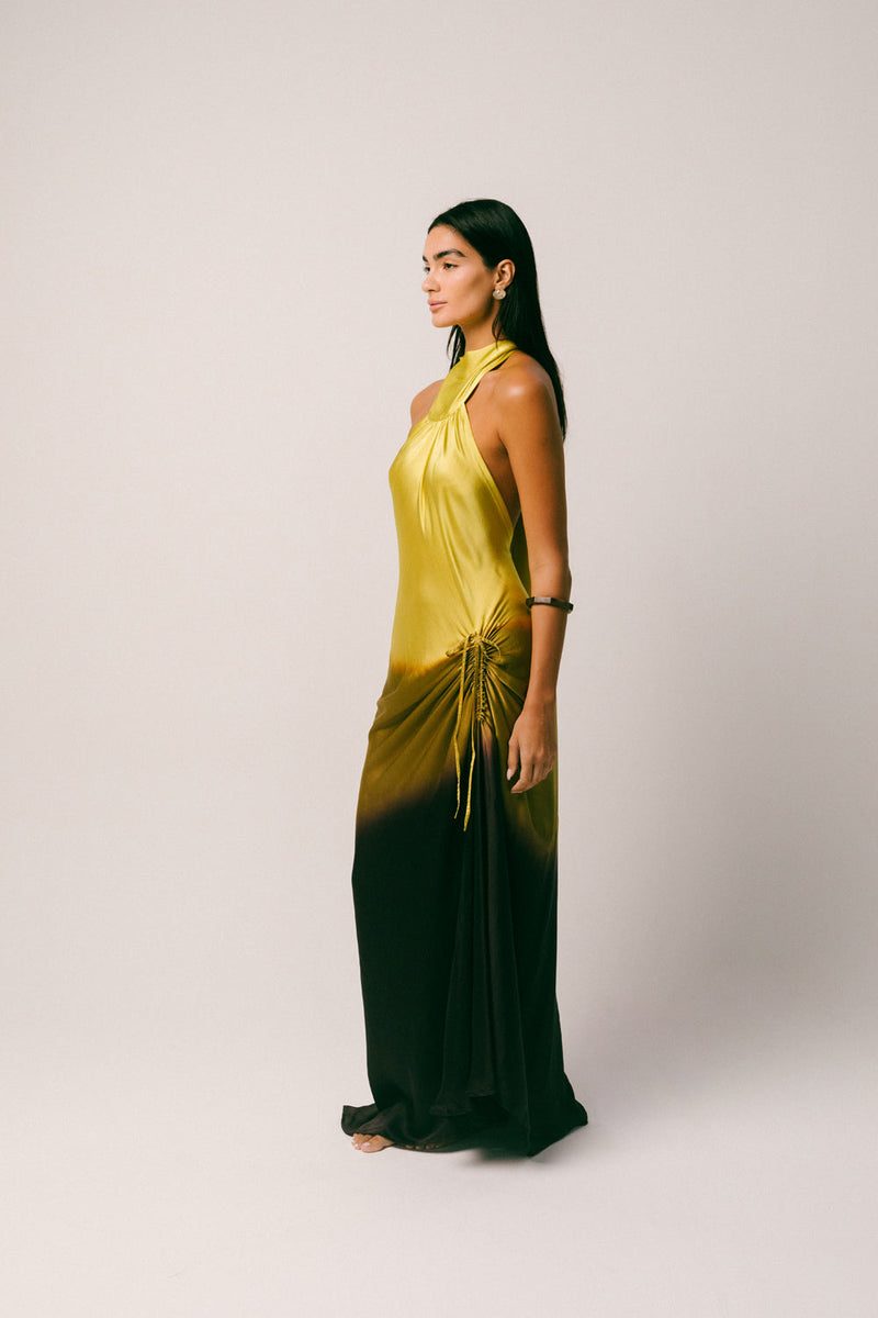 Purnama Silk Dress georgette silk dress by Ituvana in yellow ombre for women in Singapore