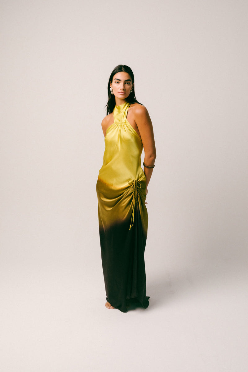 Purnama Silk Dress georgette silk dress by Ituvana in yellow ombre for women in Singapore