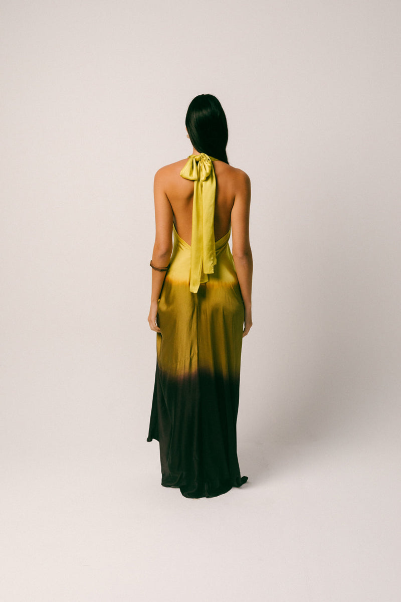 Purnama Silk Dress georgette silk dress by Ituvana in yellow ombre for women in Singapore