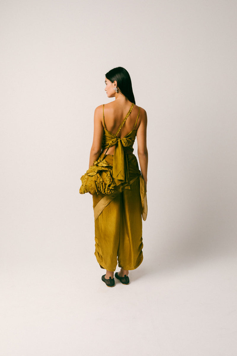 Rimba Silk Dhoti Set habutai silk co-ord set by Ituvana in olive for women in Singapore