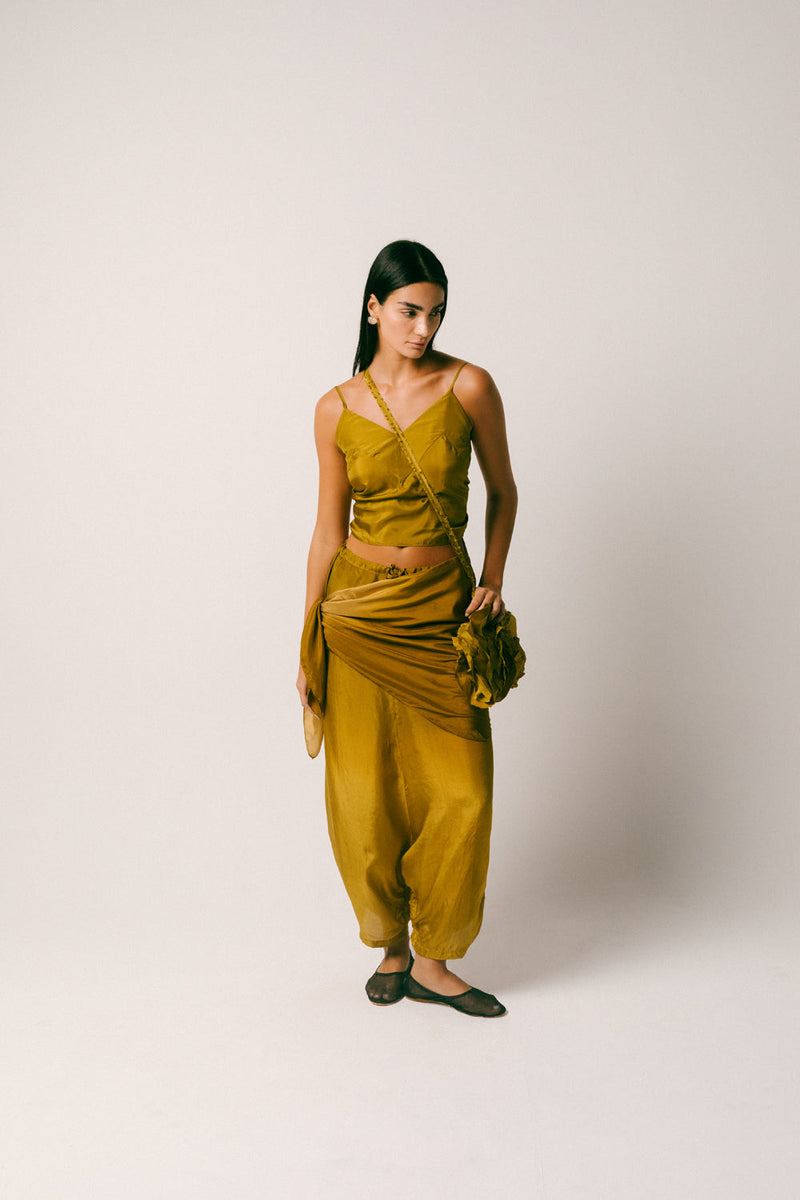 Rimba Silk Dhoti Set habutai silk co-ord set by Ituvana in olive for women in Singapore