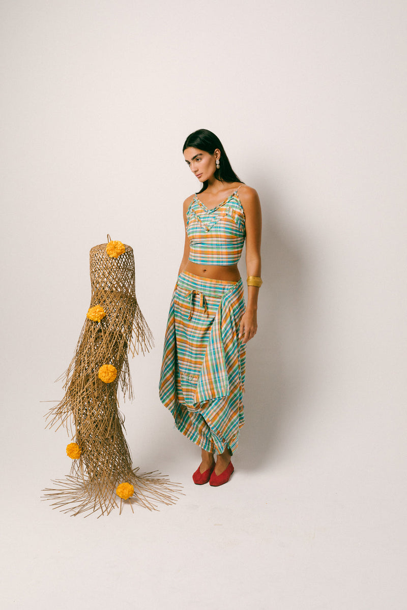 Rindu Cotton Dhoti Set madras cotton co-ord set by Ituvana in orange for women in Singapore