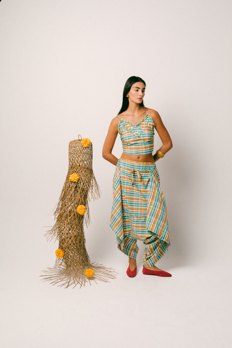 Rindu Cotton Dhoti Set madras cotton co-ord set by Ituvana in orange for women in Singapore