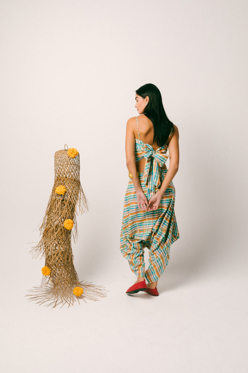 Rindu Cotton Dhoti Set madras cotton co-ord set by Ituvana in orange for women in Singapore