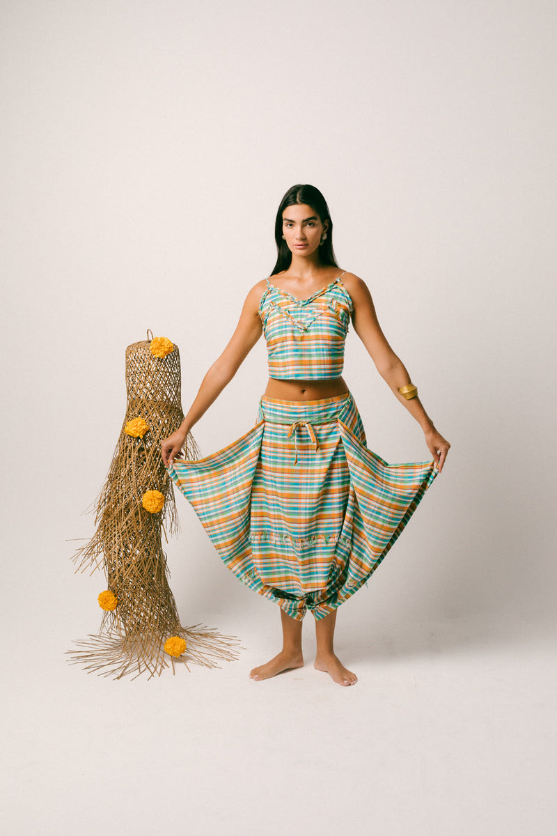 Rindu Cotton Dhoti Set madras cotton co-ord set by Ituvana in orange for women in Singapore