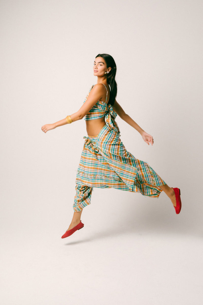 Rindu Cotton Dhoti Set madras cotton co-ord set by Ituvana in orange for women in Singapore