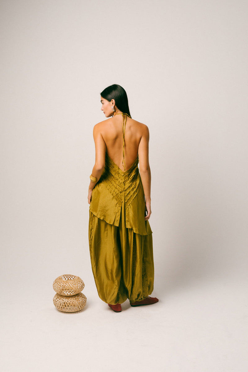 Sawah Baloon Pant Set habutai silk co-ord set by Ituvana in olive for women in Singapore