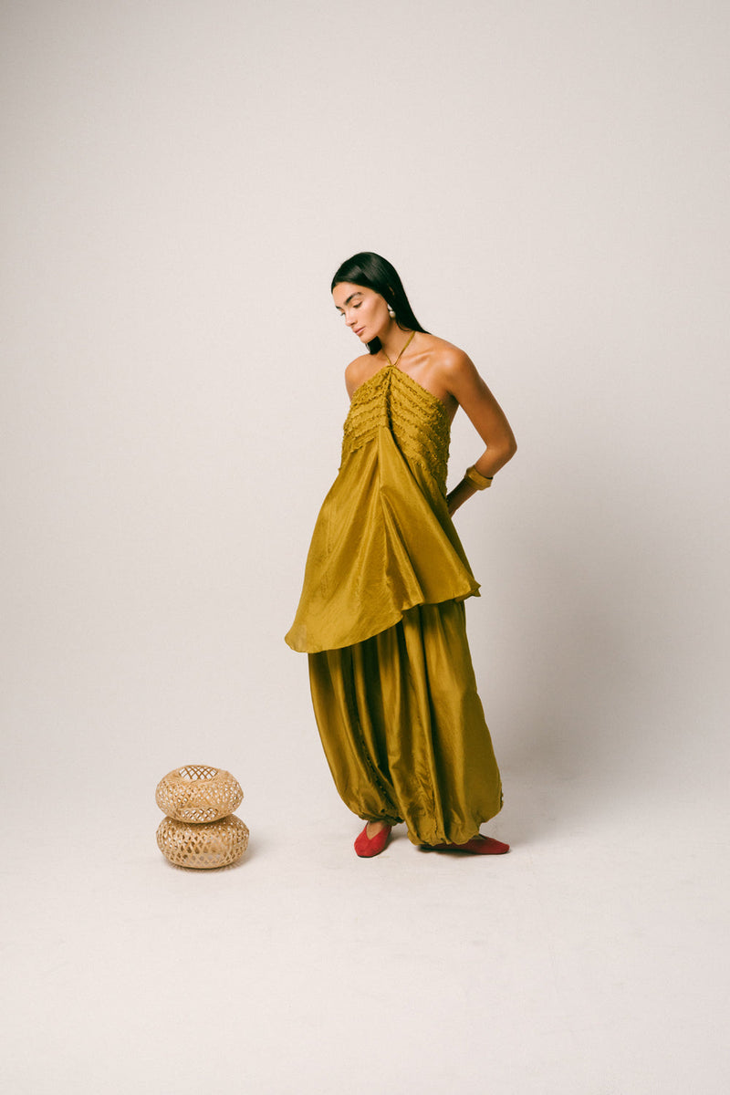 Sawah Baloon Pant Set habutai silk co-ord set by Ituvana in olive for women in Singapore