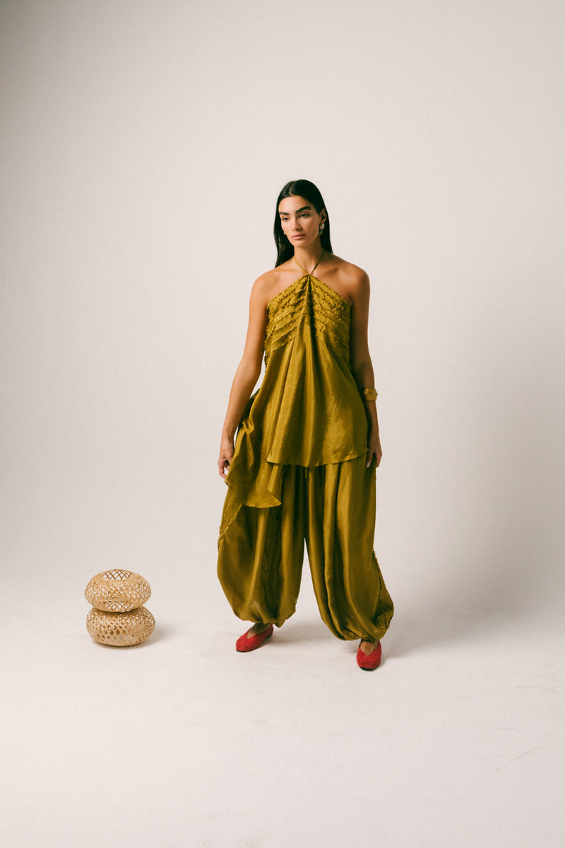 Sawah Baloon Pant Set habutai silk co-ord set by Ituvana in olive for women in Singapore