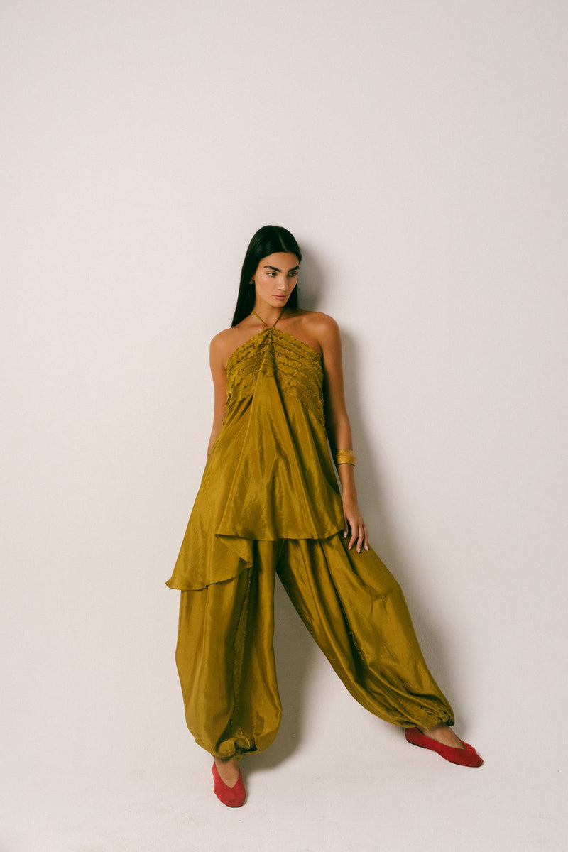 Sawah Baloon Pant Set habutai silk co-ord set by Ituvana in olive for women in Singapore
