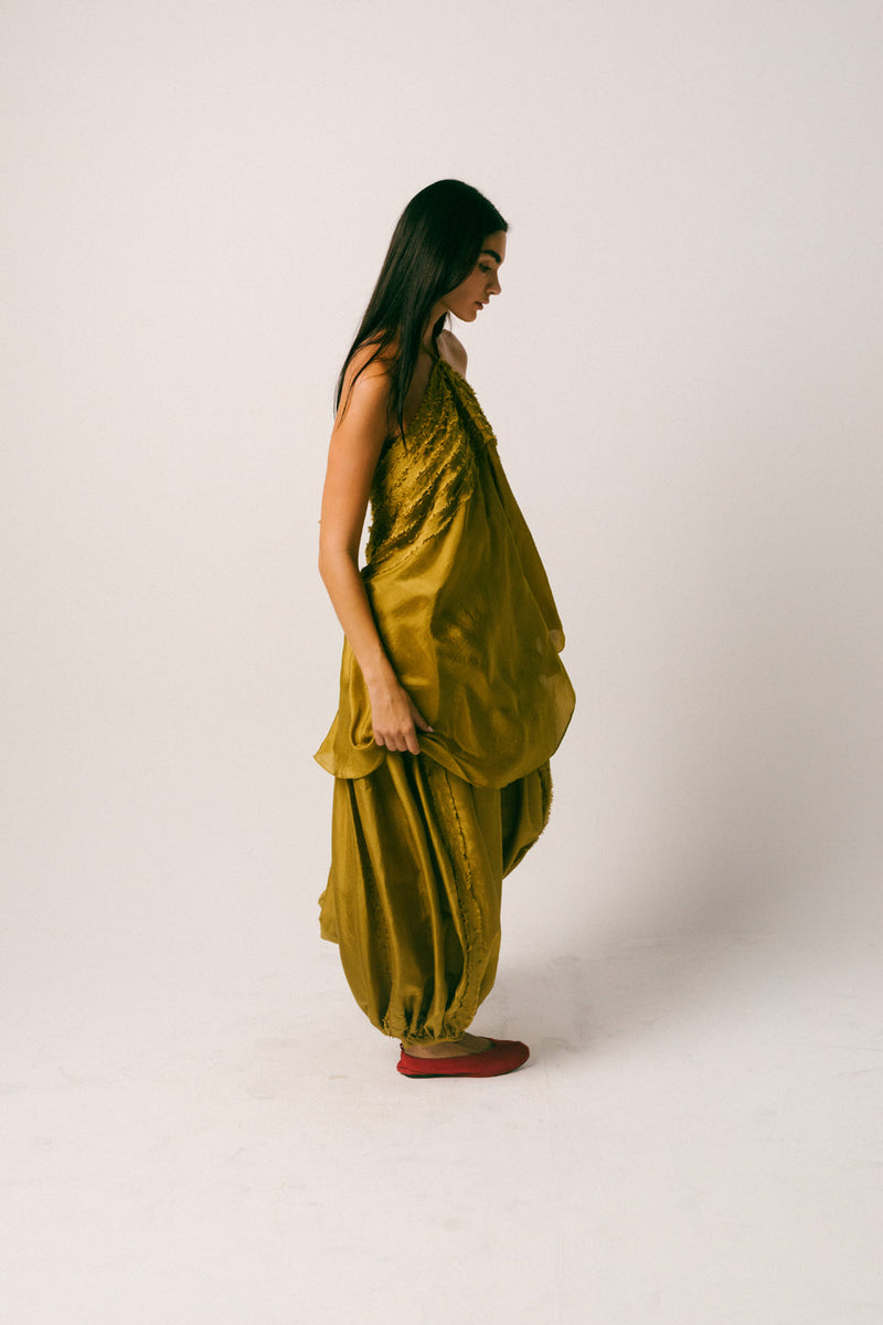 Sawah Baloon Pant Set habutai silk co-ord set by Ituvana in olive for women in Singapore